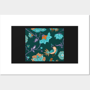 Exotic chintz with bird - teal Posters and Art